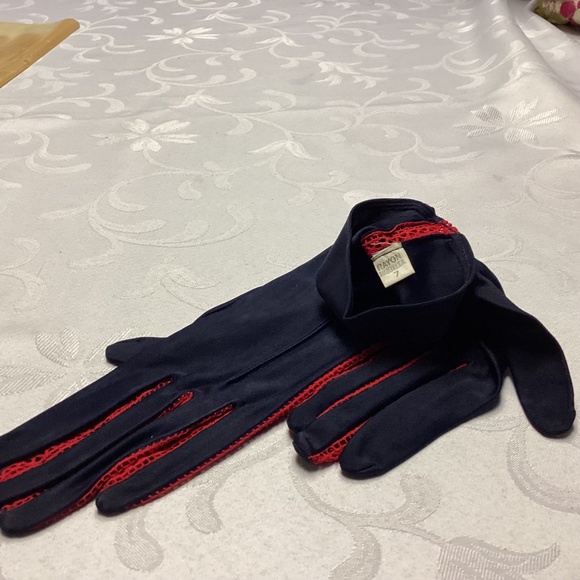 FOWNES VINTAGE GLOVES NAVY / RED CROCHETED. NEW OLD STOCK sz 7 - Picture 7 of 13